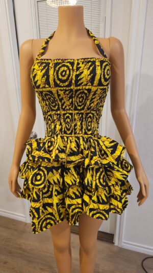 Zola Yellow smokey Ankara ruffle dress with a flowing silhouette and bold African-inspired print.
